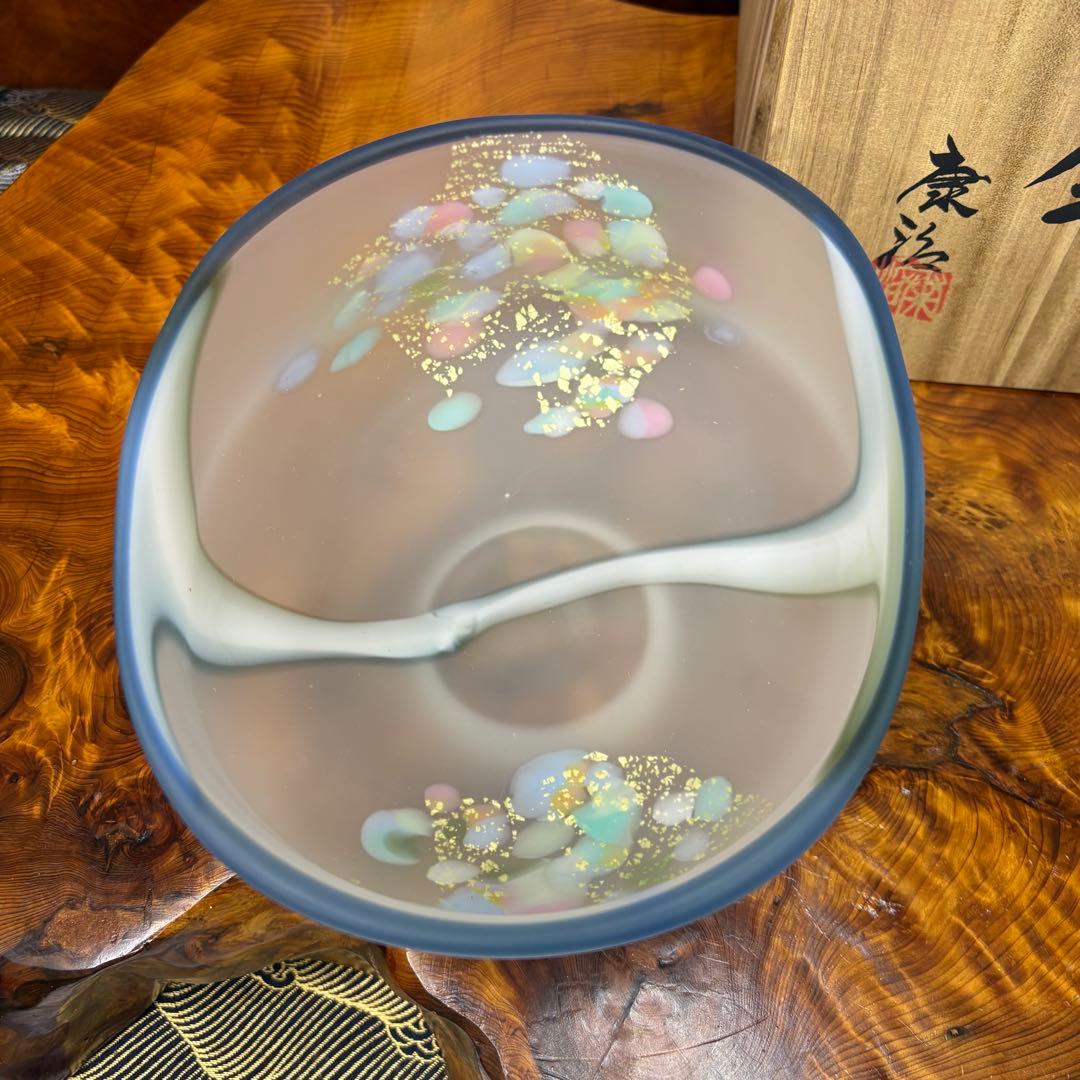 石井康治 手吹硝子(手吹ガラス)金彩 花吹雪 鉢　共箱 日本ガラス工芸協会会員