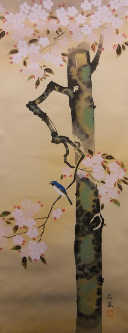 掛け軸 小川大鳳 桜に瑠璃鳥 絹本 希少 軸装 茶道具 掛軸 美品 です。