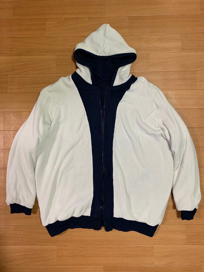 80sUSA KING SIZE裏サーマルパーカーXXLダブルフェイス紺ワッフル