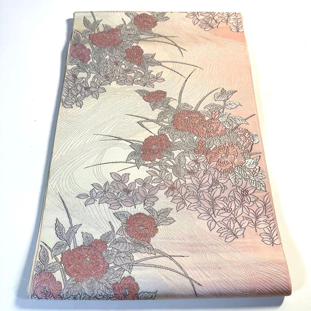 5k3015 名古屋帯　絹　博多織　唐織　ピンク　白　花柄　和装　着物
