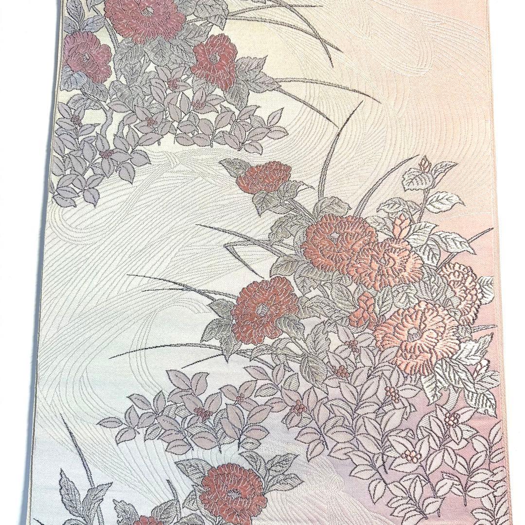 5k3015 名古屋帯　絹　博多織　唐織　ピンク　白　花柄　和装　着物