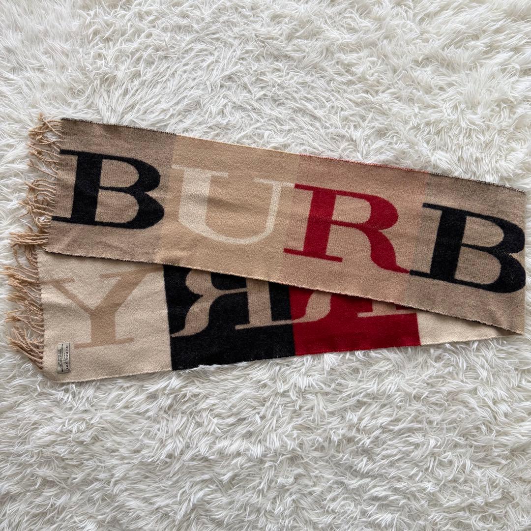 【バーバリーロンドン】マフラー ロゴ カシミヤ混 ベージュ