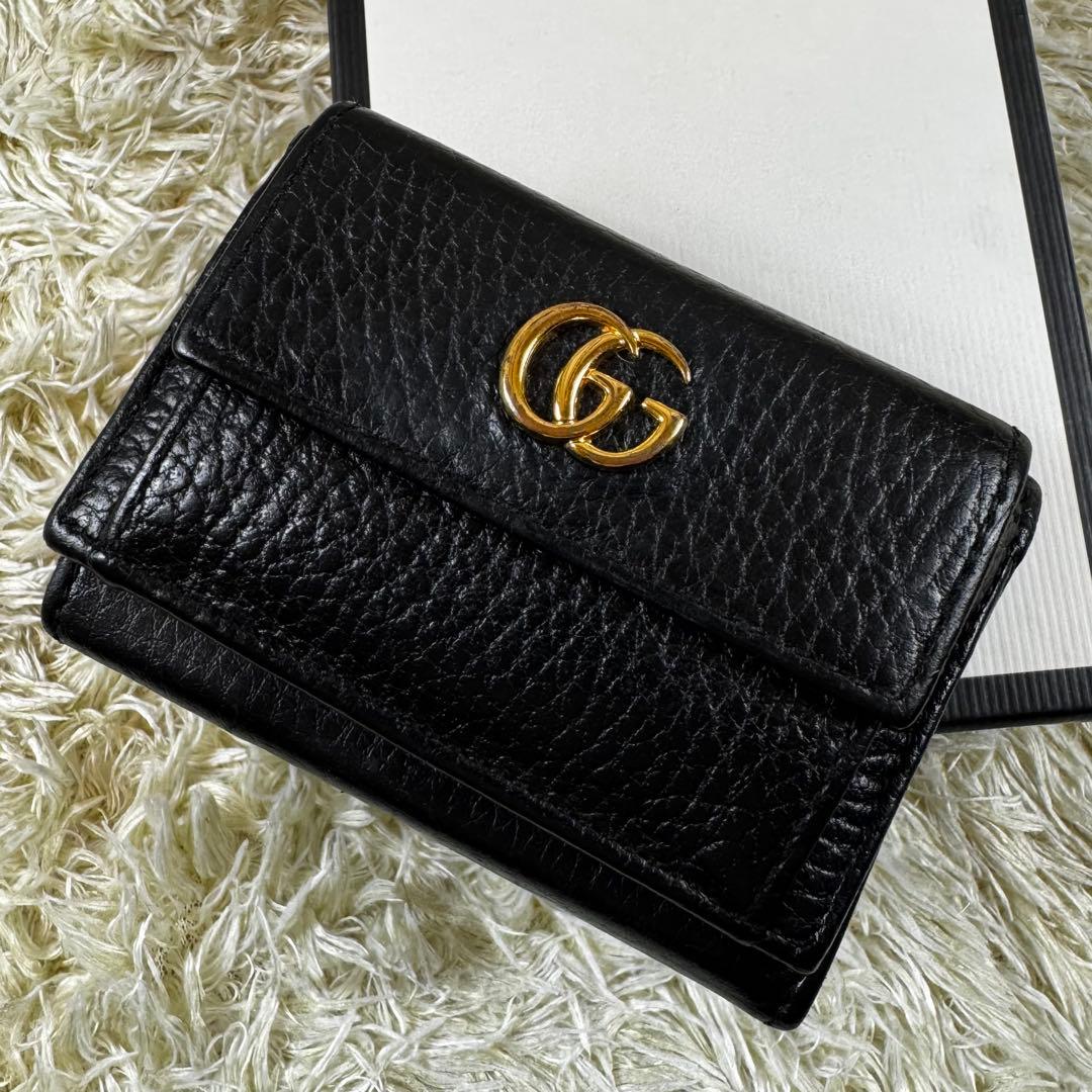 美品✨グッチ　三つ折り財布　マーモント　黒　レザー　付属品完備　523777