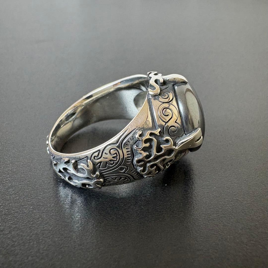 彫銀　ヘマタイトリング　シルバーリング　約22号　装飾　レア