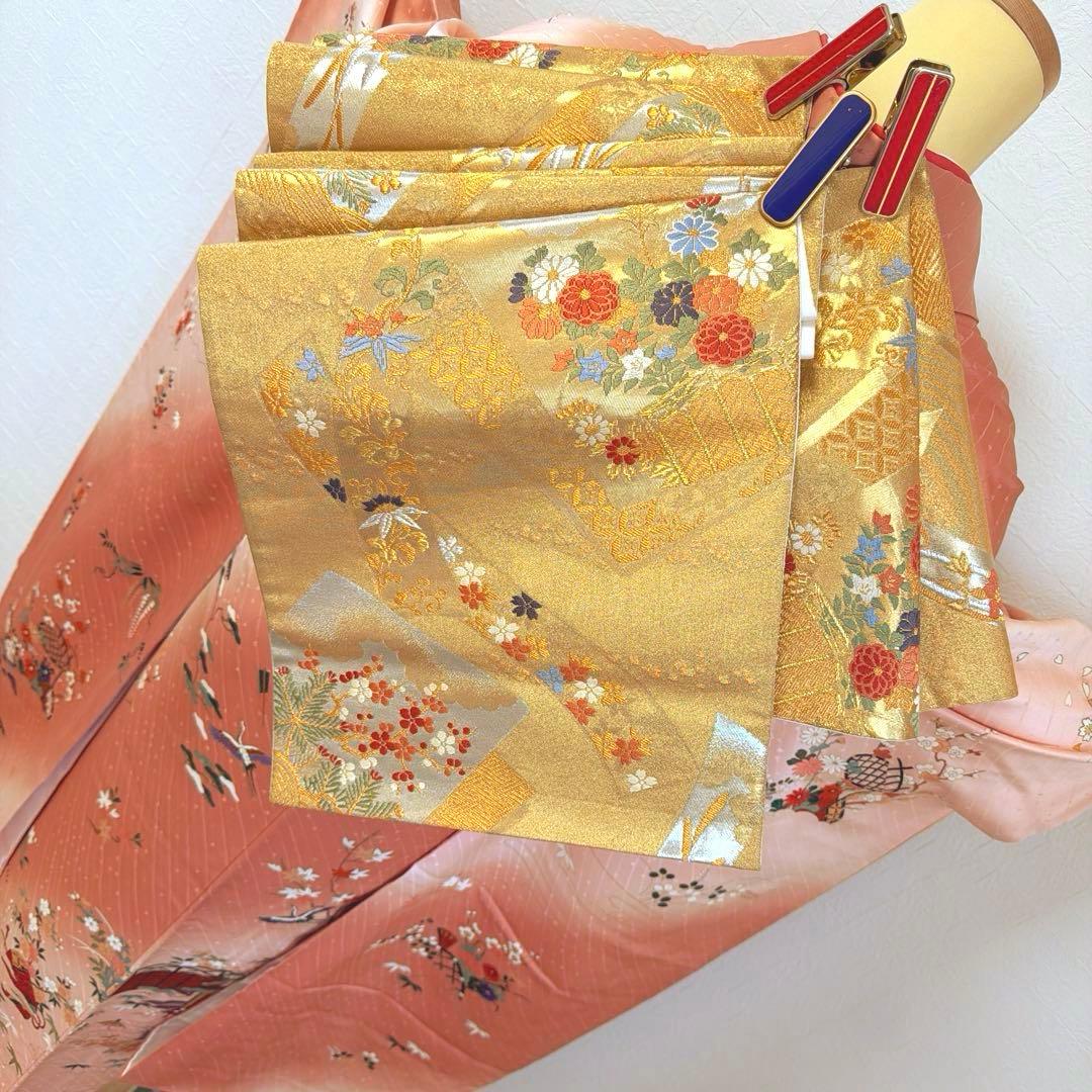 2 振袖フルセット 正絹 ピンク 桃 ピンクベージュ 金彩 暈し染め お上品