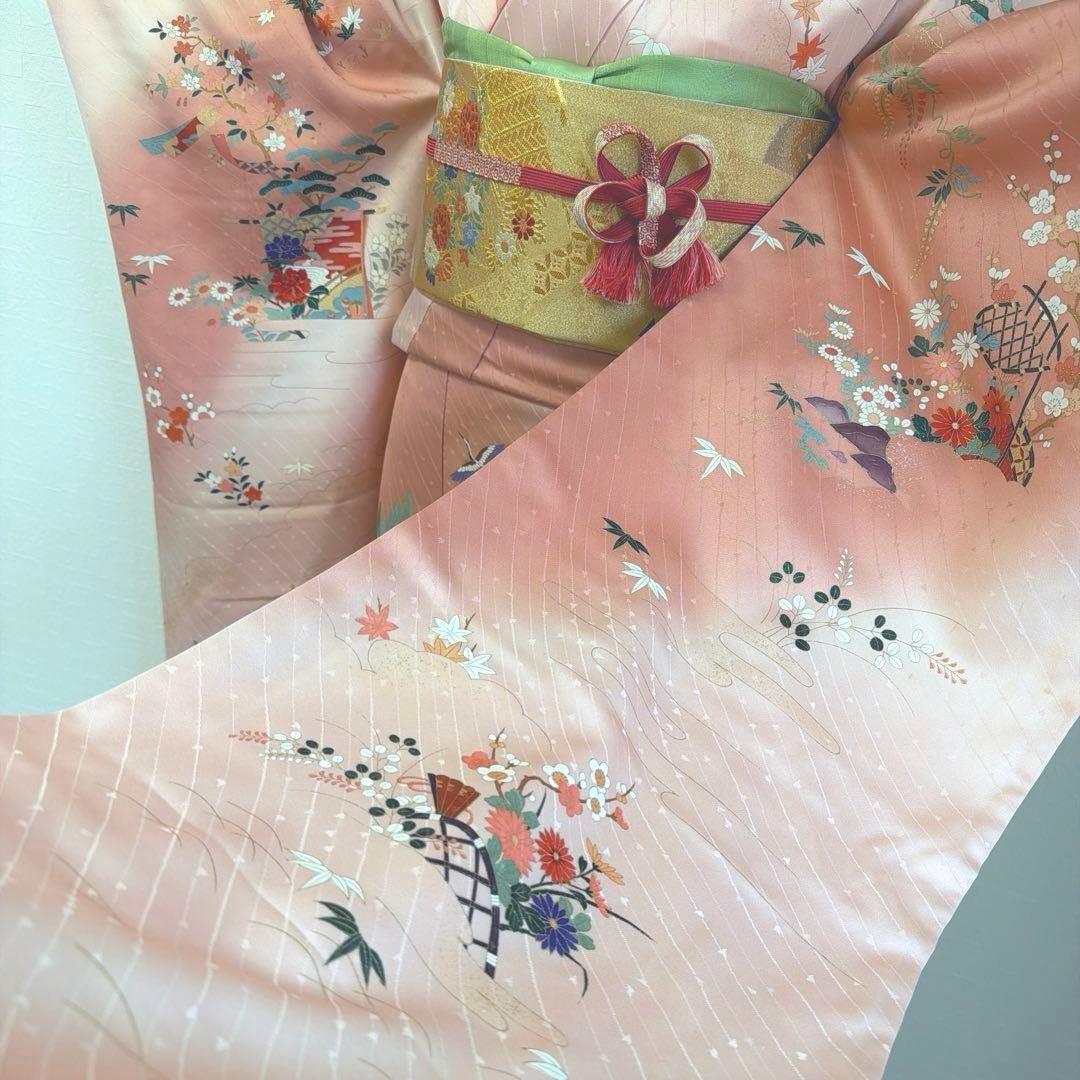 2 振袖フルセット 正絹 ピンク 桃 ピンクベージュ 金彩 暈し染め お上品
