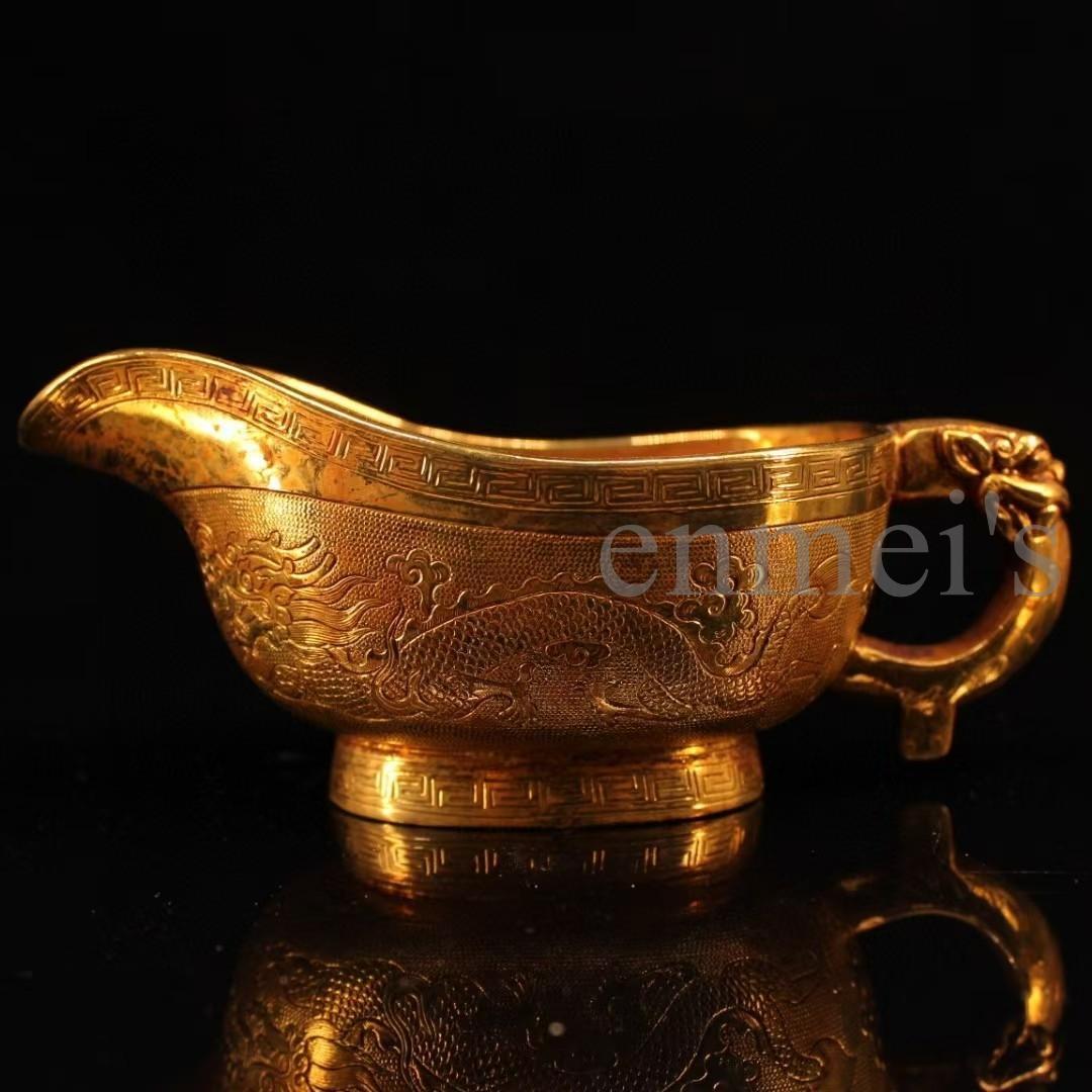 中国古美術・珍蔵純銅製・鎏金龍彫酒杯・細密彫・純手作り・文房具・賞物・酒器・酒具