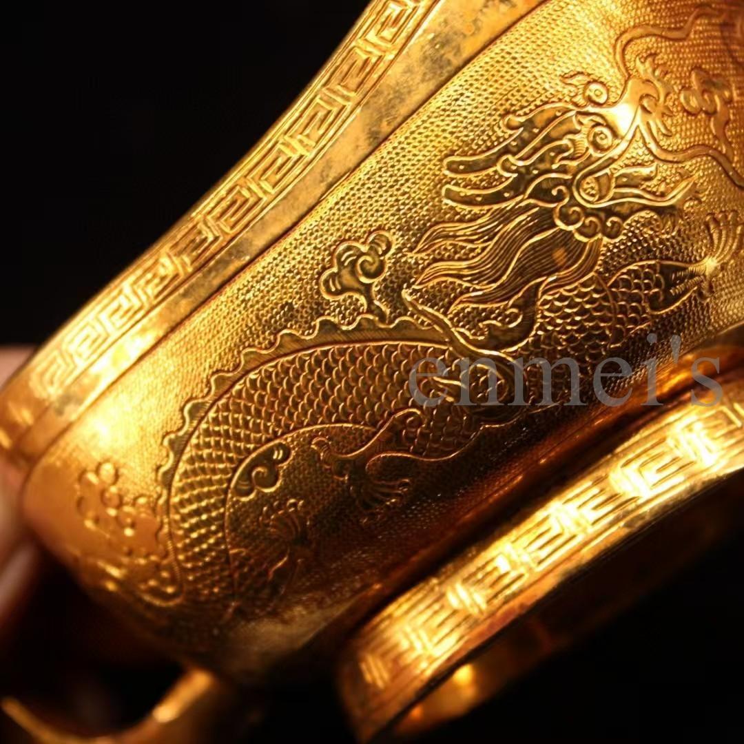 中国古美術・珍蔵純銅製・鎏金龍彫酒杯・細密彫・純手作り・文房具・賞物・酒器・酒具