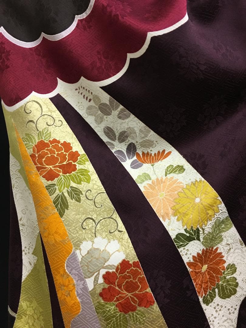 京友禅 深紫 熨斗柄雲取 振袖 毬柄佐賀錦袋帯フルセット