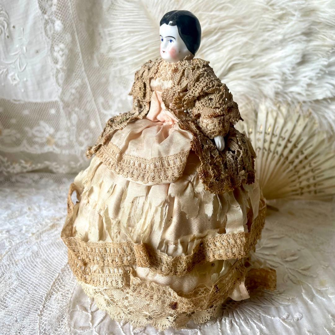 シャビーなチャイナヘッドドール　ピンクッション　陶器人形　フランスアンティーク