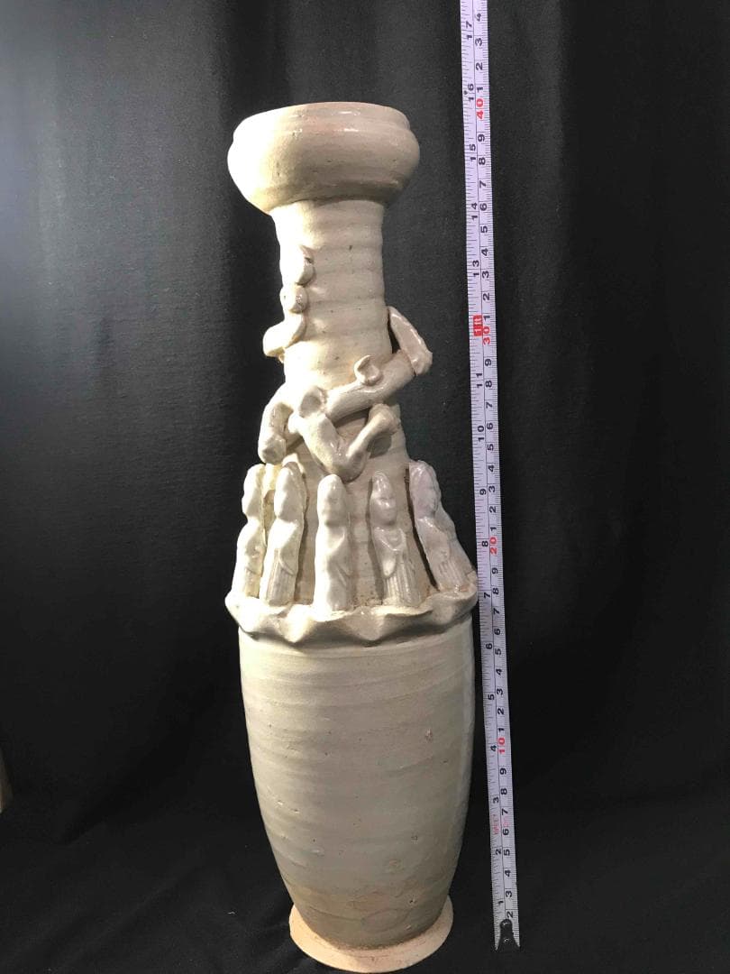 漢時代　白磁貼塑人佣龍文魂大瓶　花瓶　唐物　古賞物　時代物(D-42)