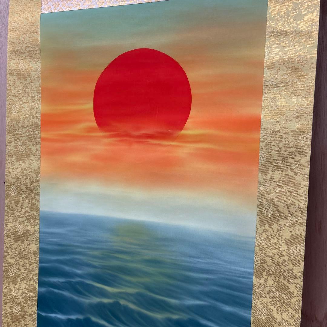 旭日静波　赤い太陽と海の風景掛軸　0121o81