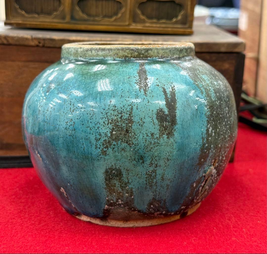 中国　明時代　孔雀藍釉壺　アンティーク　送料込み250503
