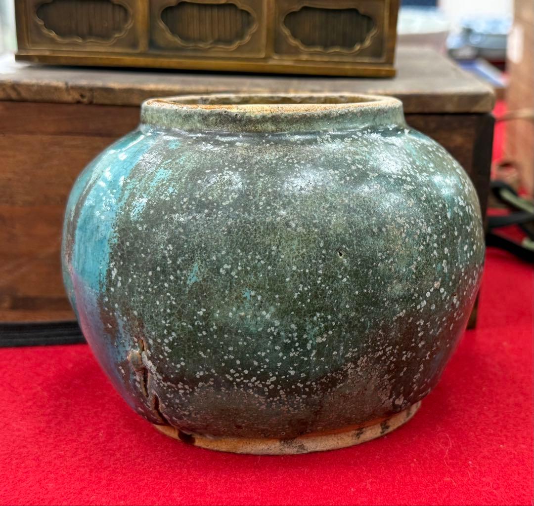 中国　明時代　孔雀藍釉壺　アンティーク　送料込み250503