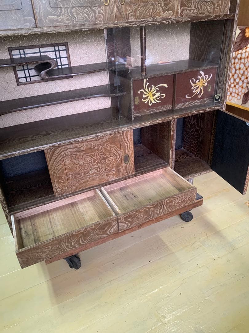 しい木目の昭和レトロ茶箪笥　和家具　木製　一体型