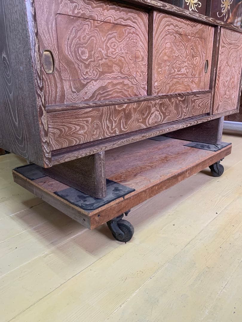 しい木目の昭和レトロ茶箪笥　和家具　木製　一体型