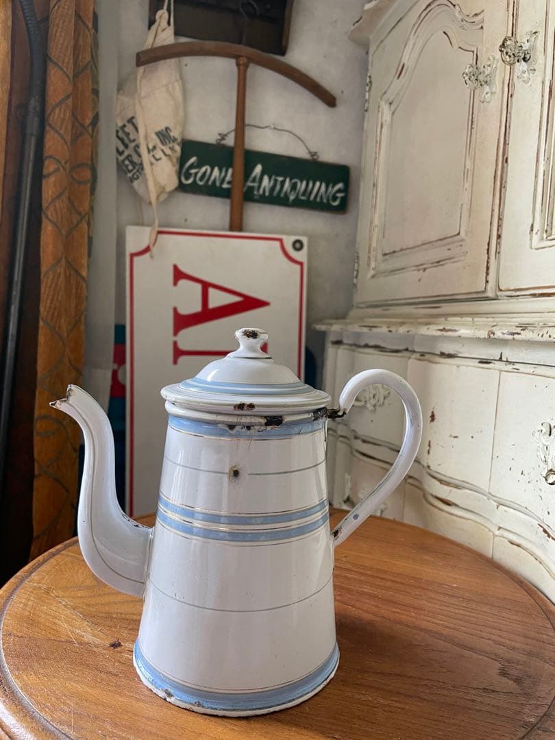 Kアンティーク　ホーロー　ポット　エトワール社　ライトブルー　ホワイト