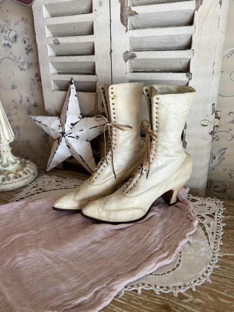 フランスアンティークヴィクトリアンレースアップウェディングレザーブーツシューズ