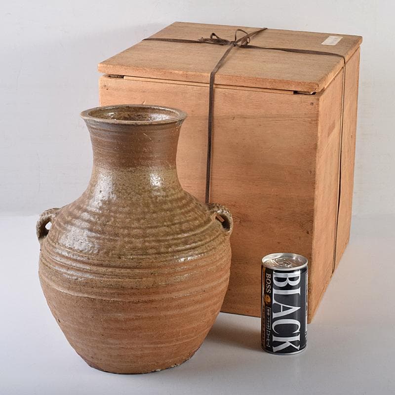 中国　褐釉　双耳壷　時代箱付　V　R8590B