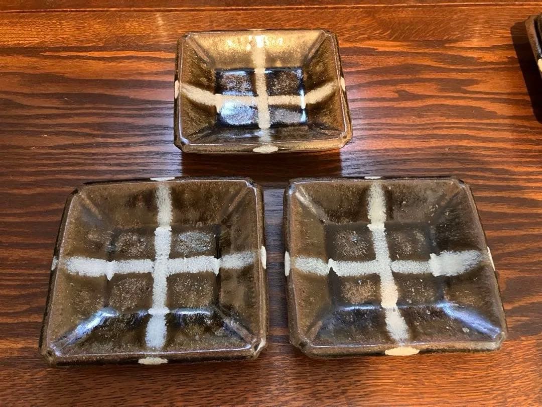 生田和孝丹波焼 緑釉四方角小皿3客 河井寛次郎 弟子 民藝　民芸