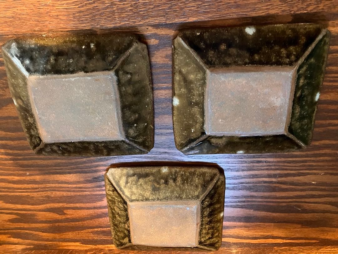 生田和孝丹波焼 緑釉四方角小皿3客 河井寛次郎 弟子 民藝　民芸