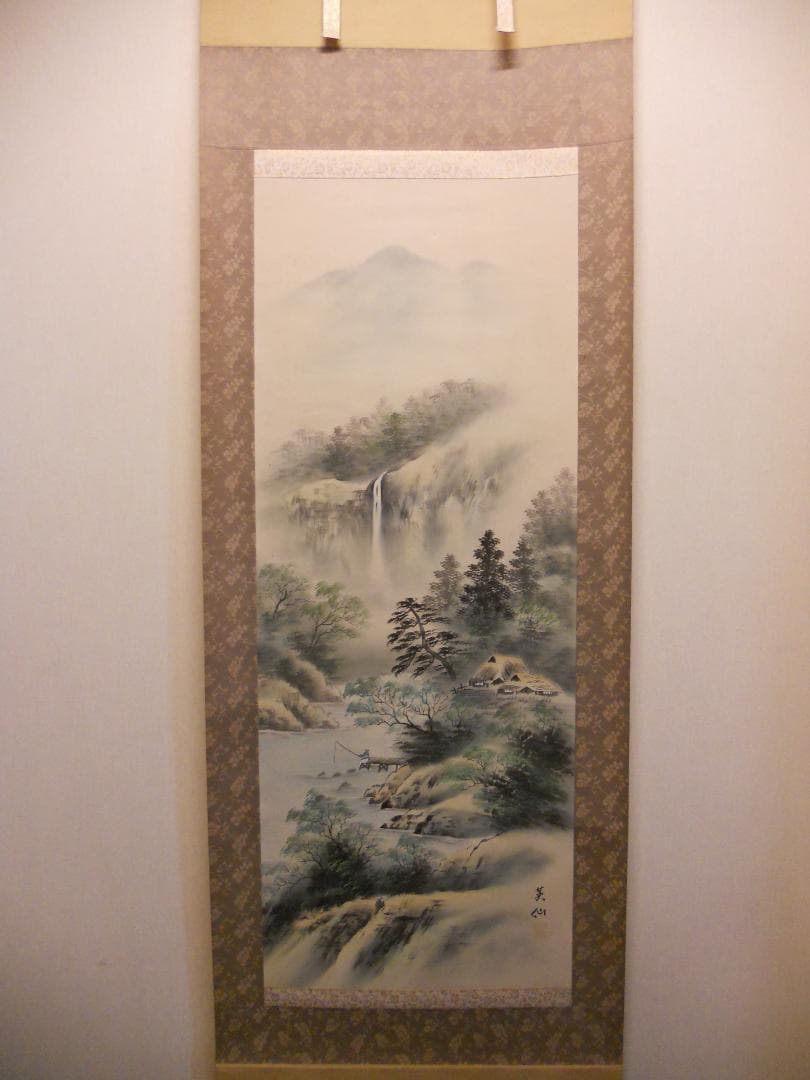 掛け軸 英仙 彩色山水 絹本 希少 軸装 茶道具 掛軸 美品 です。