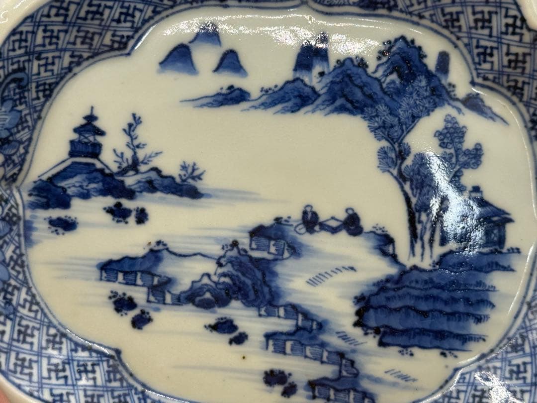 中国　染付　山水人物紋　菱型皿5点　玉玩製　送料込み251112