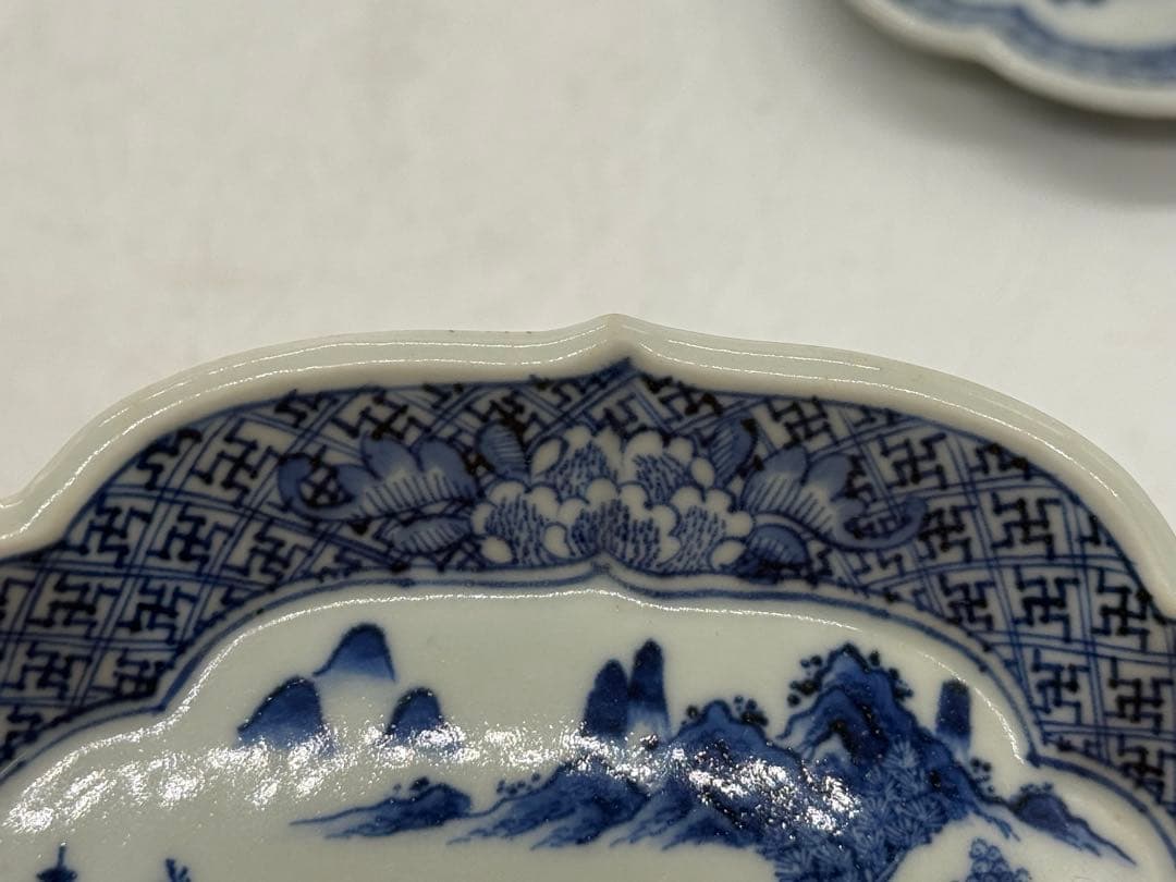 中国　染付　山水人物紋　菱型皿5点　玉玩製　送料込み251112