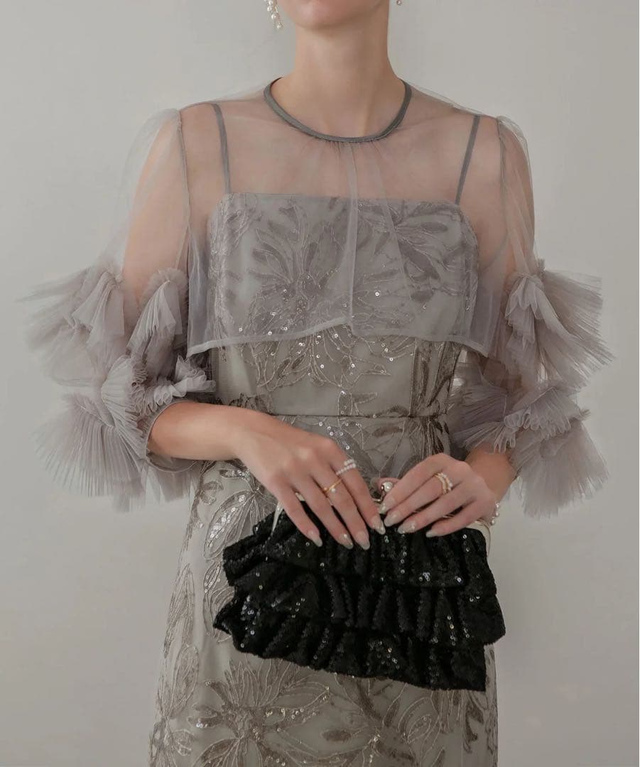 LEJA フラワースパンコールチュールフリルスリーブIラインワンピースドレス