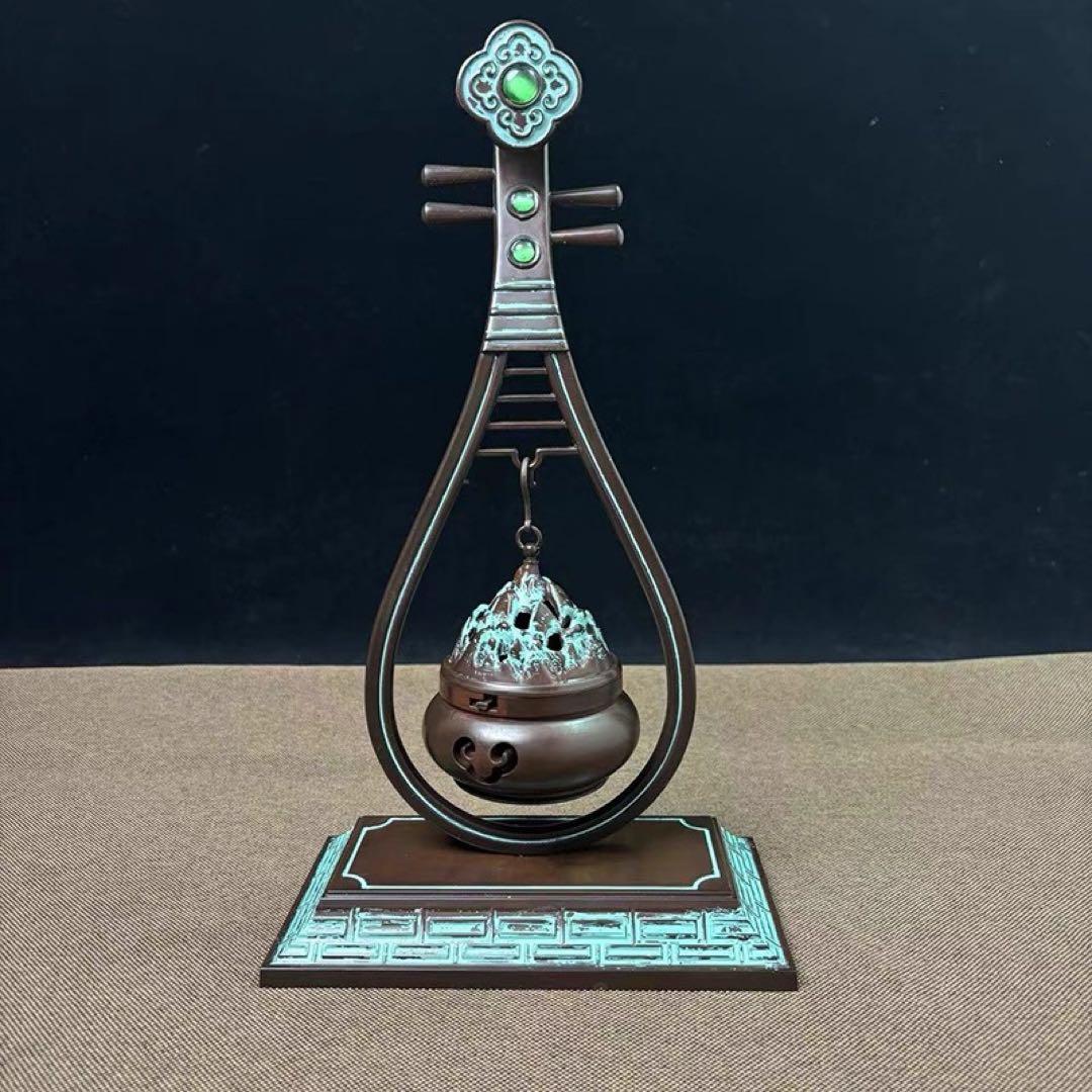 銅製 象嵌宝石琵琶弔炉 薫香炉 客間茶室掛炉 銅炉 美品 装飾品 工芸品 置物