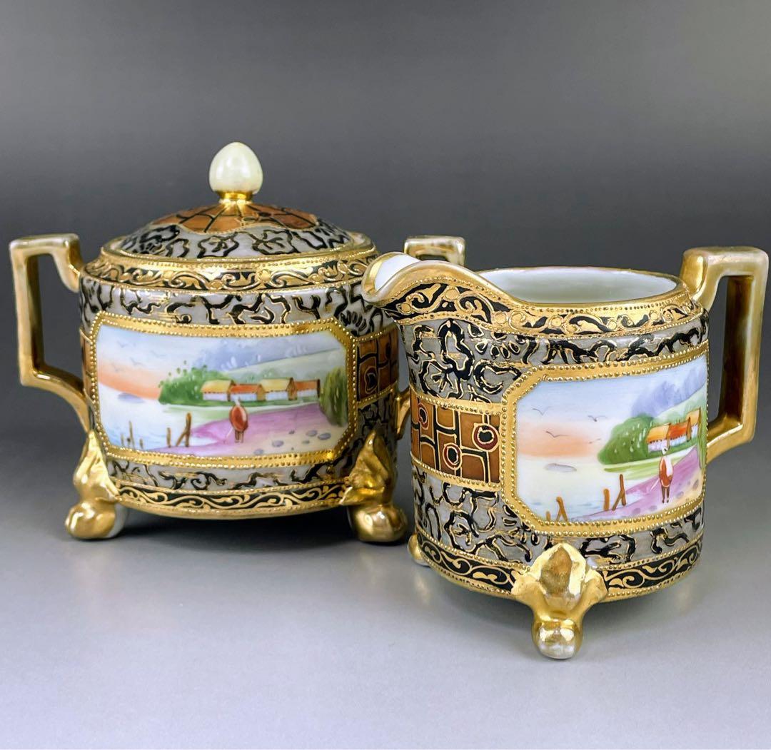 【希少】オールドノリタケ アールヌーボー様式 風景紋 シュガーボウル クリーマー