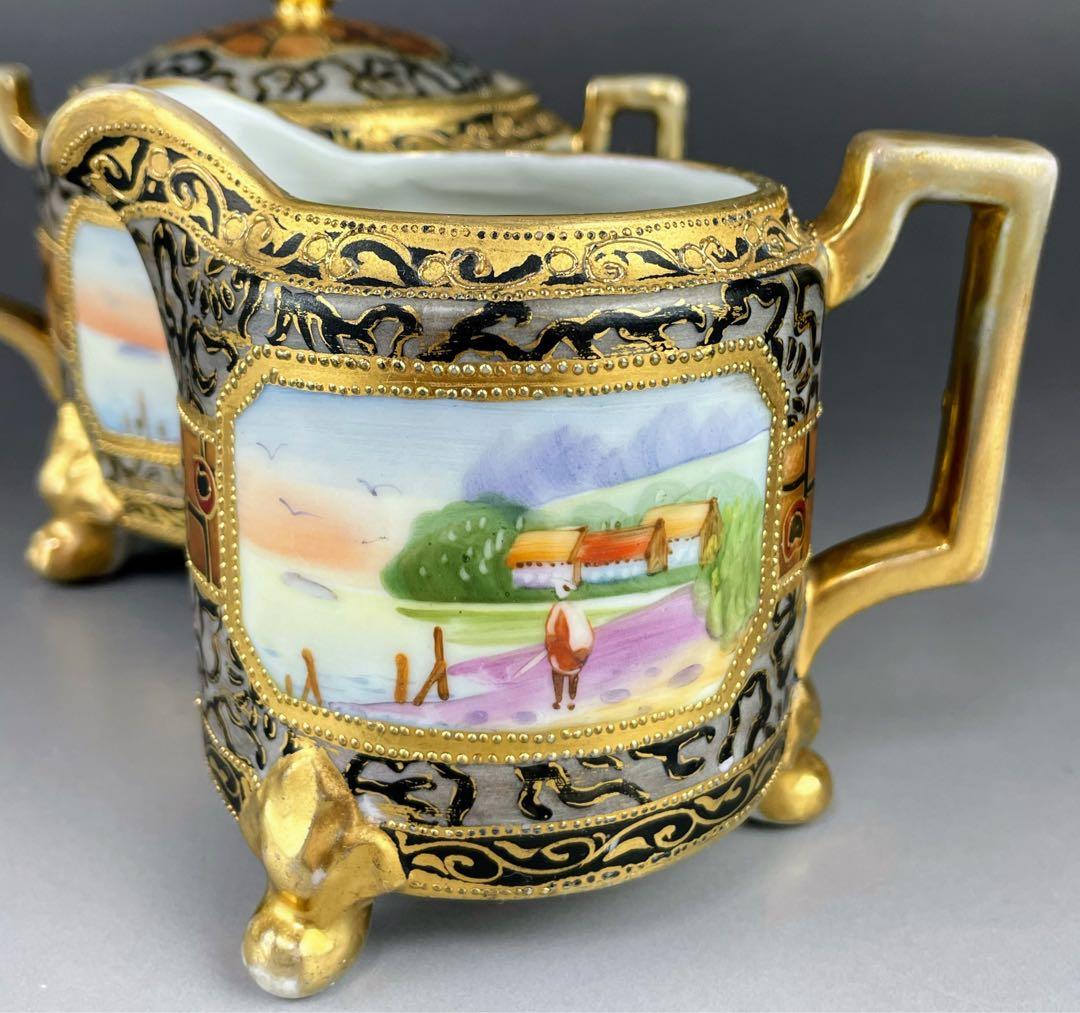 【希少】オールドノリタケ アールヌーボー様式 風景紋 シュガーボウル クリーマー