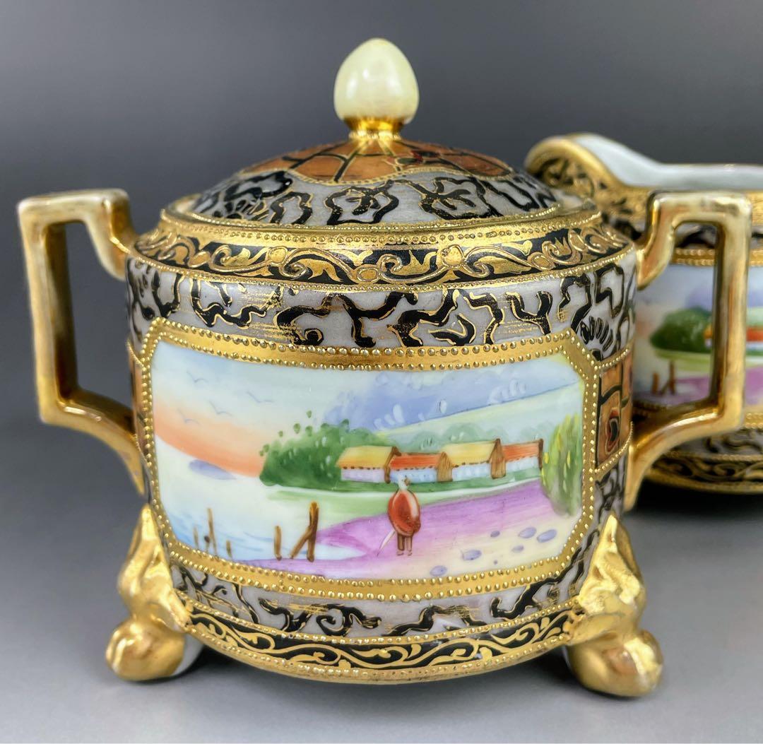 【希少】オールドノリタケ アールヌーボー様式 風景紋 シュガーボウル クリーマー