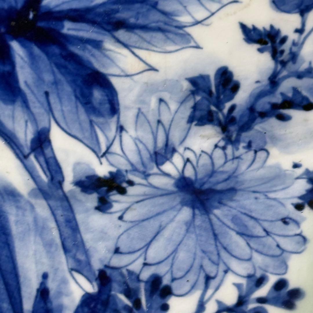 幕末〜明治期　青磁染付夜桜図楕円形大皿　牡丹文様　福　裏葡萄文様　48.6cm