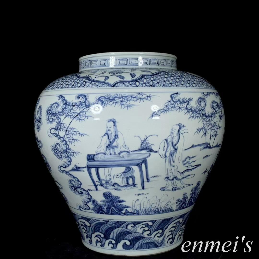 中国古美術✦明代正統期青花琴棋書画紋缶✦人物風景写意缶・文房具・純手描き・陶芸