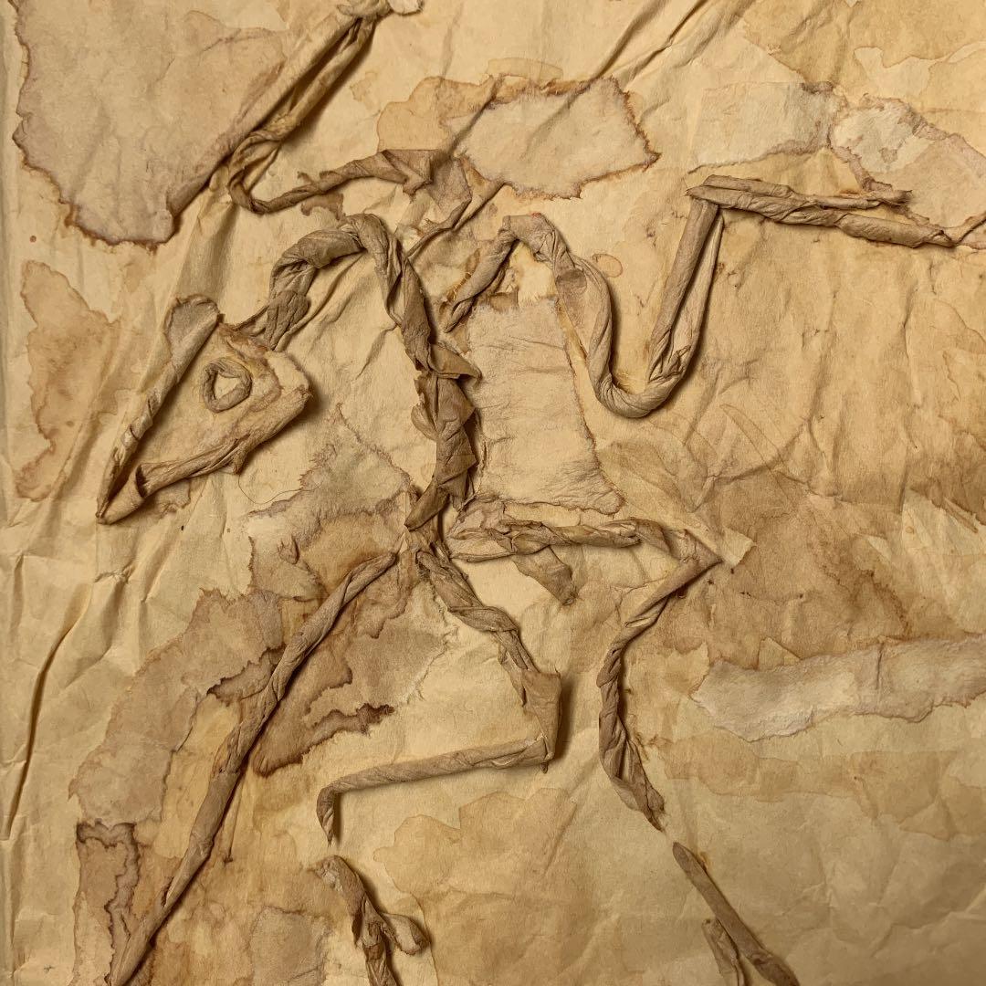 私の作った　ちぎり絵　始祖鳥の化石　木製ビンテージフレーム付き　ジュラ紀