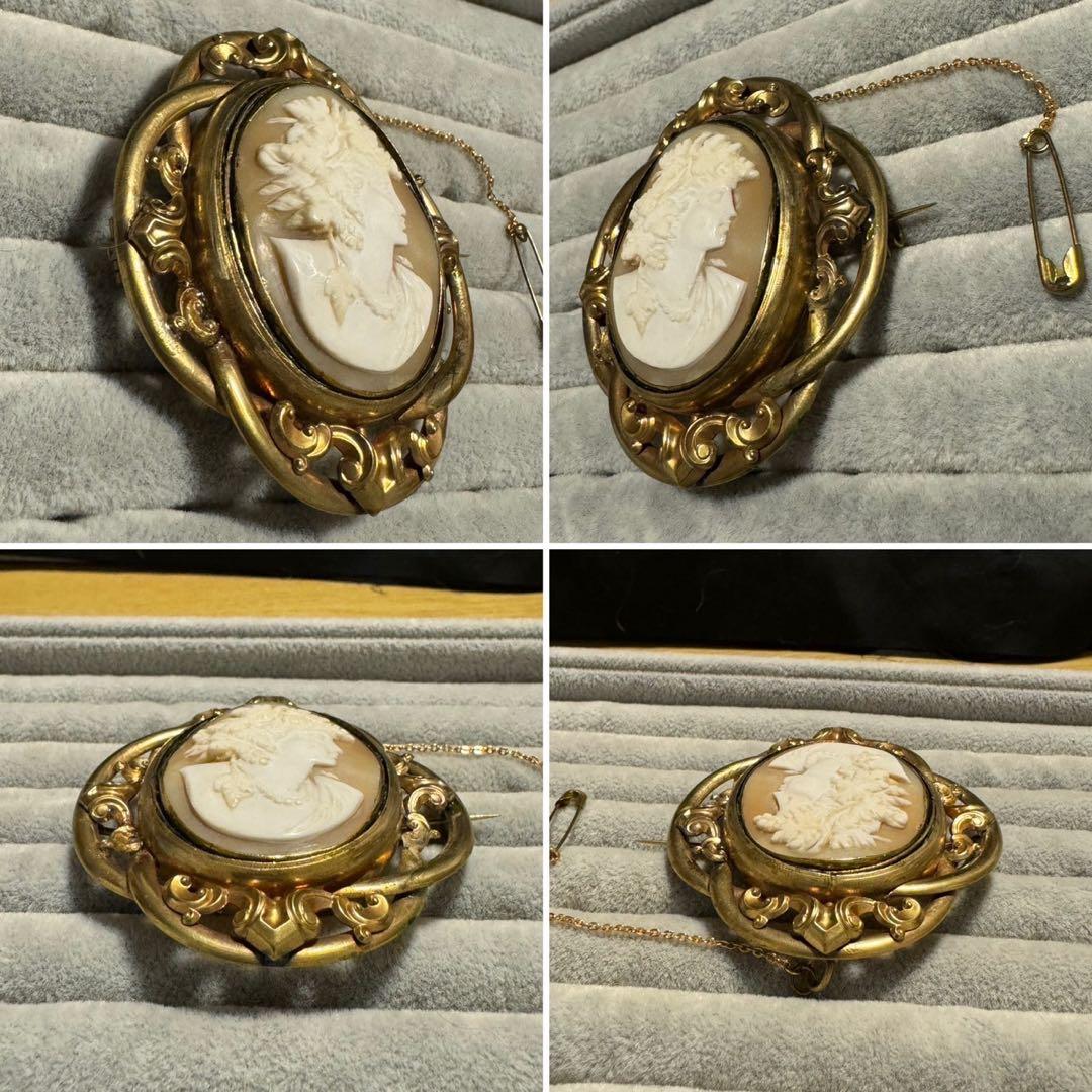 出品終了‼️アンティーク　ピンチペック枠　金色　神話柄バッカス　ブローチ　現状