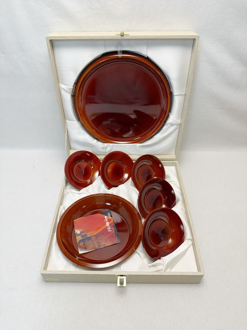 未使用 茶道具 木製漆器 飛騨春慶塗 丸盆 欅 小判形盆 等4点まとめて 元箱