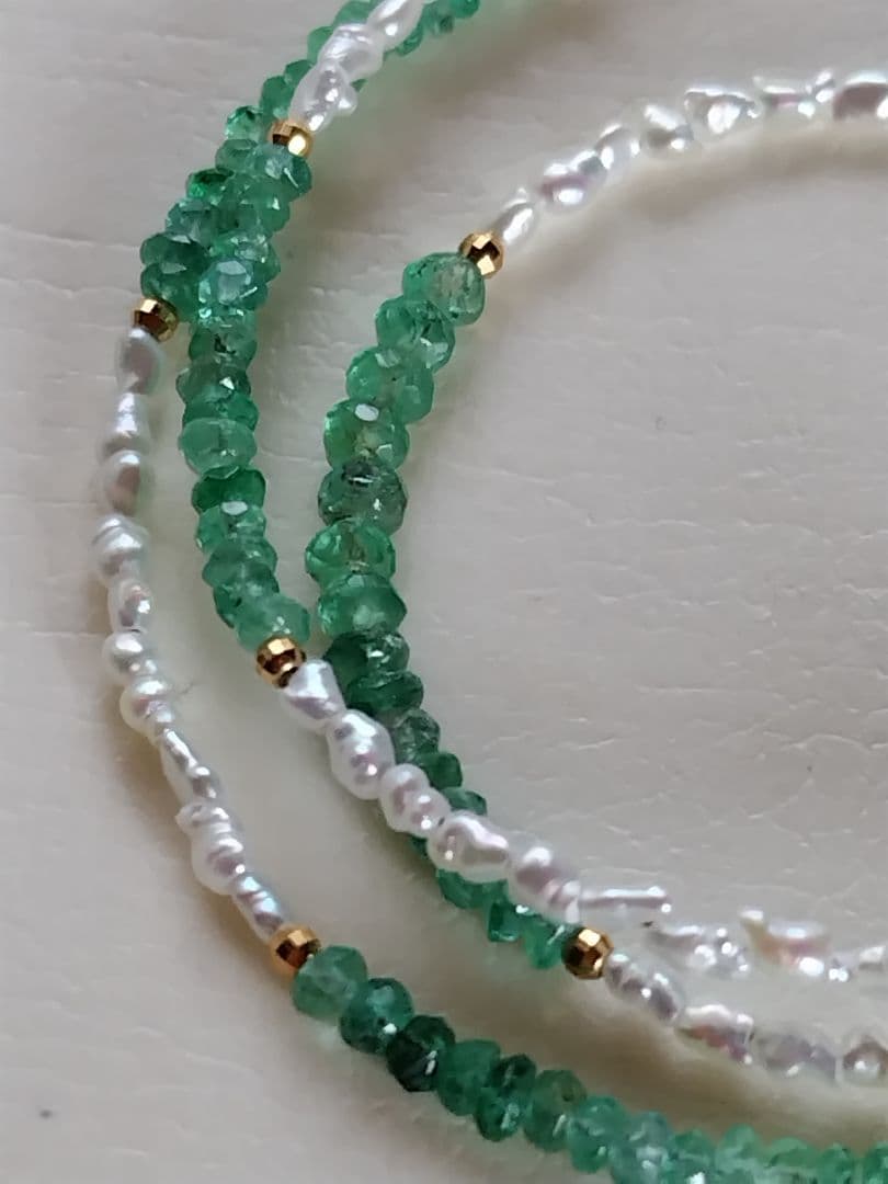 K18 エメラルド、あこや真珠芥子パール ネックレス