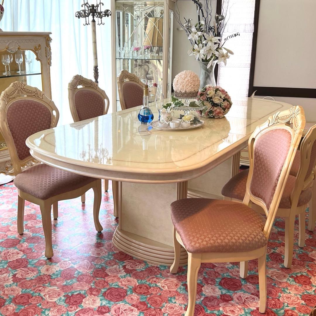 k509 イタリア製 まるでプリンセスの食卓 ダイニングセット 6人掛け ピンク