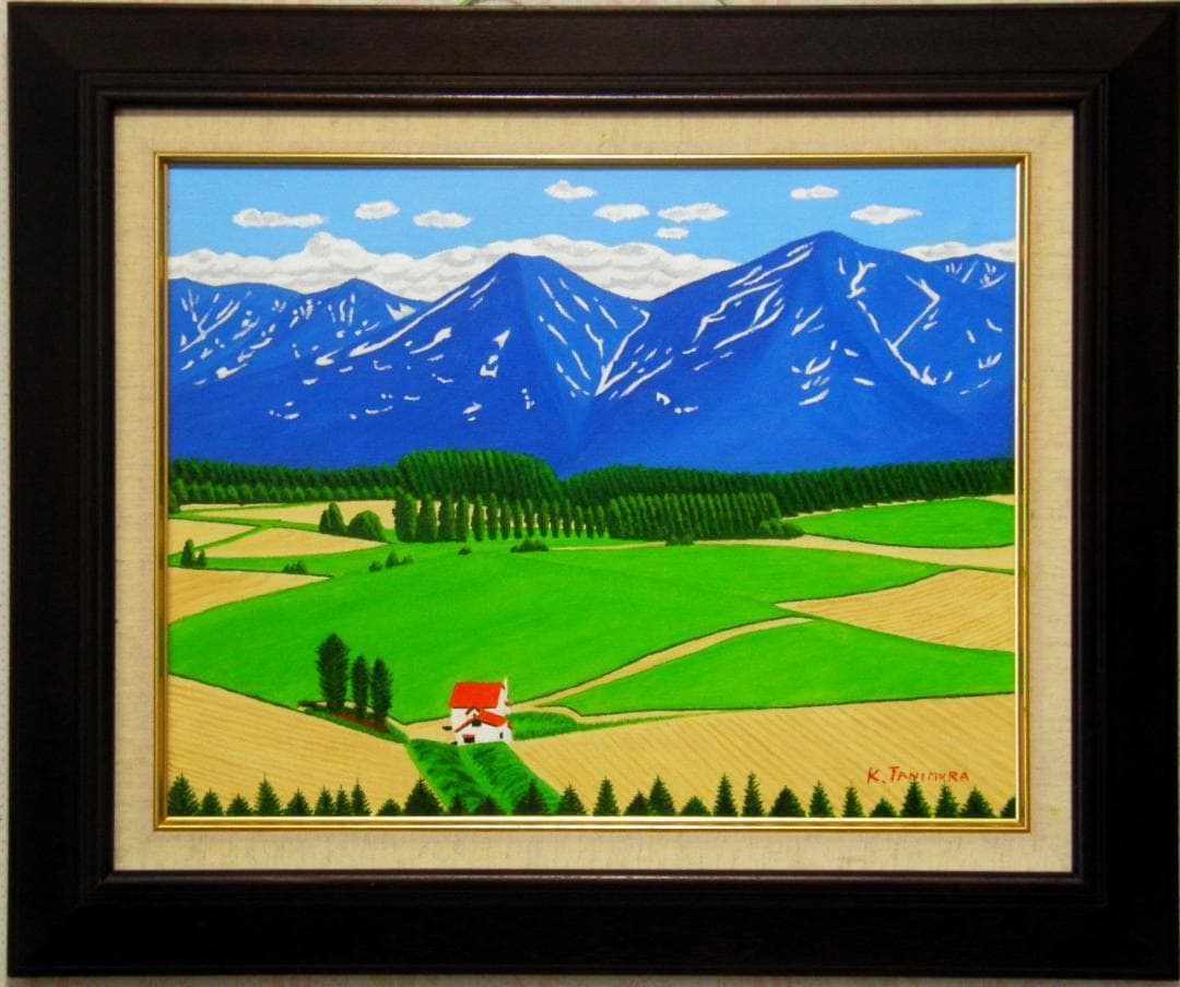 ★十勝連峰と赤い屋根の家・肉筆油彩画・F6キャンバス