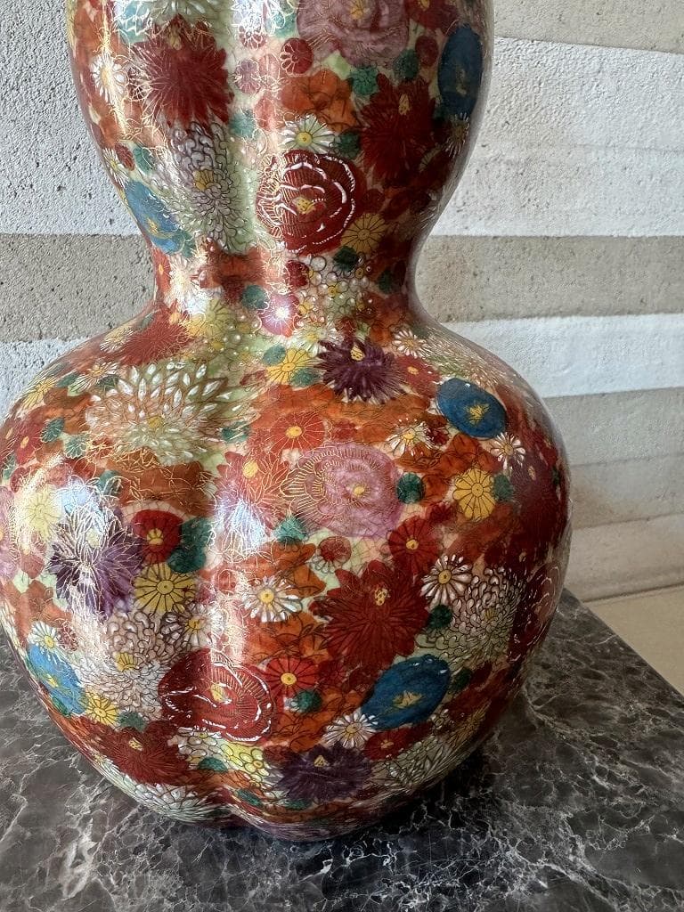 美品　薩摩焼　丸十字島津家紋入　花唐津　豪華絢爛　瓢箪型花瓶　金彩　色絵　絵付