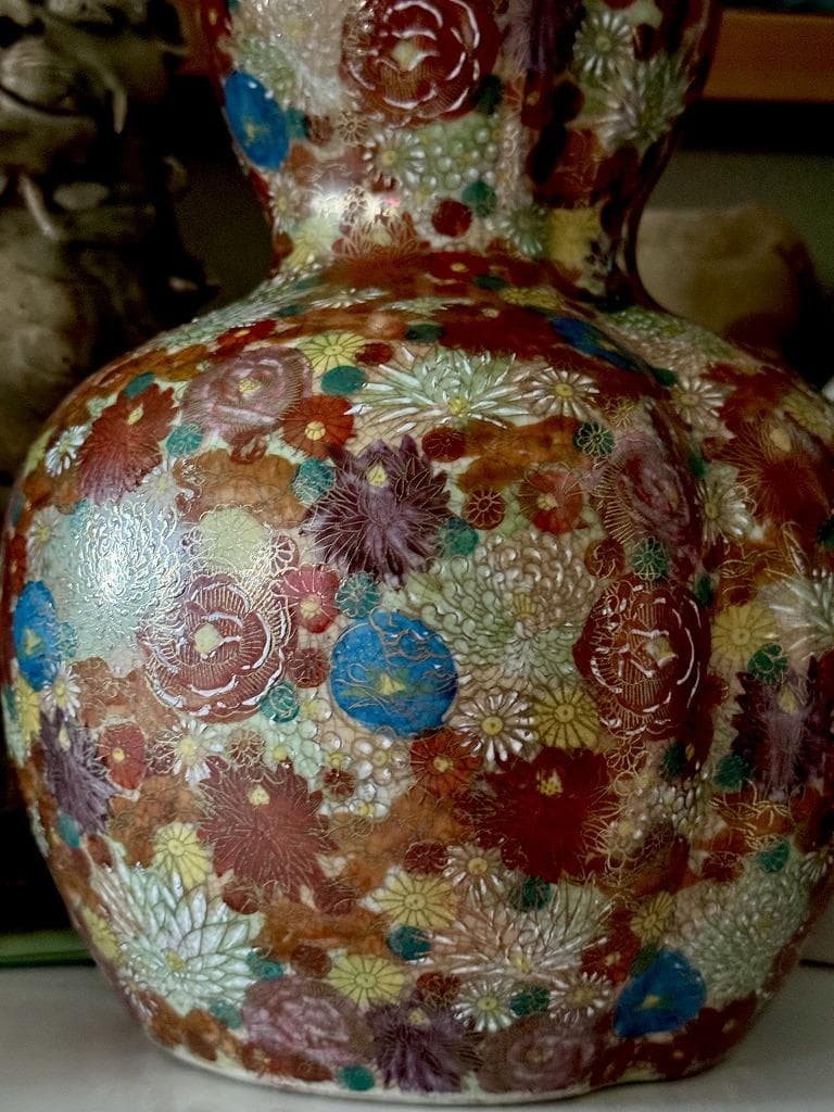 美品　薩摩焼　丸十字島津家紋入　花唐津　豪華絢爛　瓢箪型花瓶　金彩　色絵　絵付