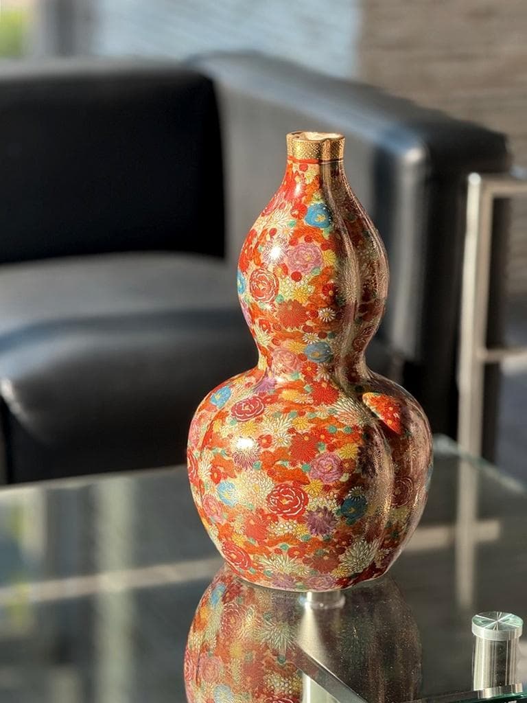 美品　薩摩焼　丸十字島津家紋入　花唐津　豪華絢爛　瓢箪型花瓶　金彩　色絵　絵付