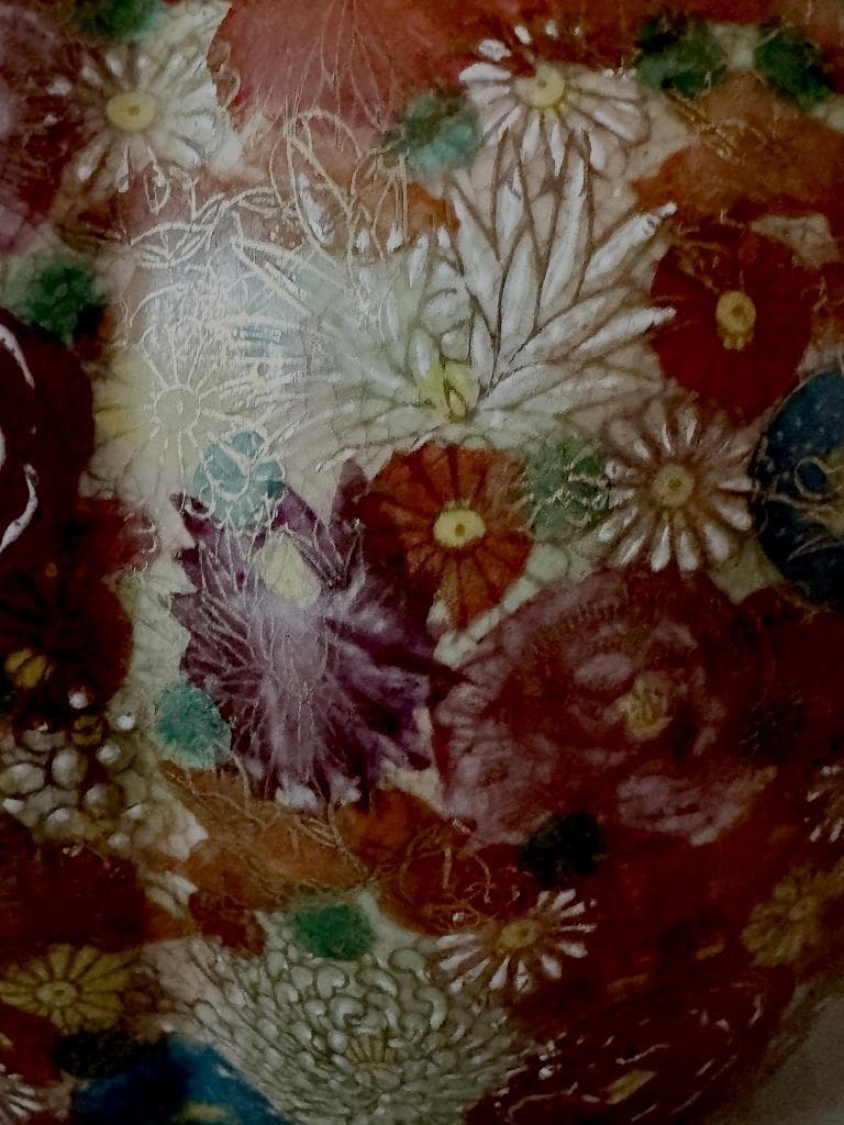 美品　薩摩焼　丸十字島津家紋入　花唐津　豪華絢爛　瓢箪型花瓶　金彩　色絵　絵付