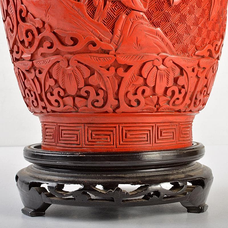 中国　剔紅　堆朱　内七宝　花文瓶　高さ約39㎝　唐木台付　Y　R7494B