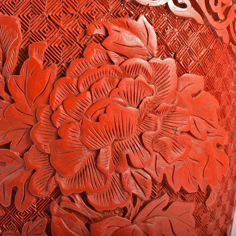 中国　剔紅　堆朱　内七宝　花文瓶　高さ約39㎝　唐木台付　Y　R7494B