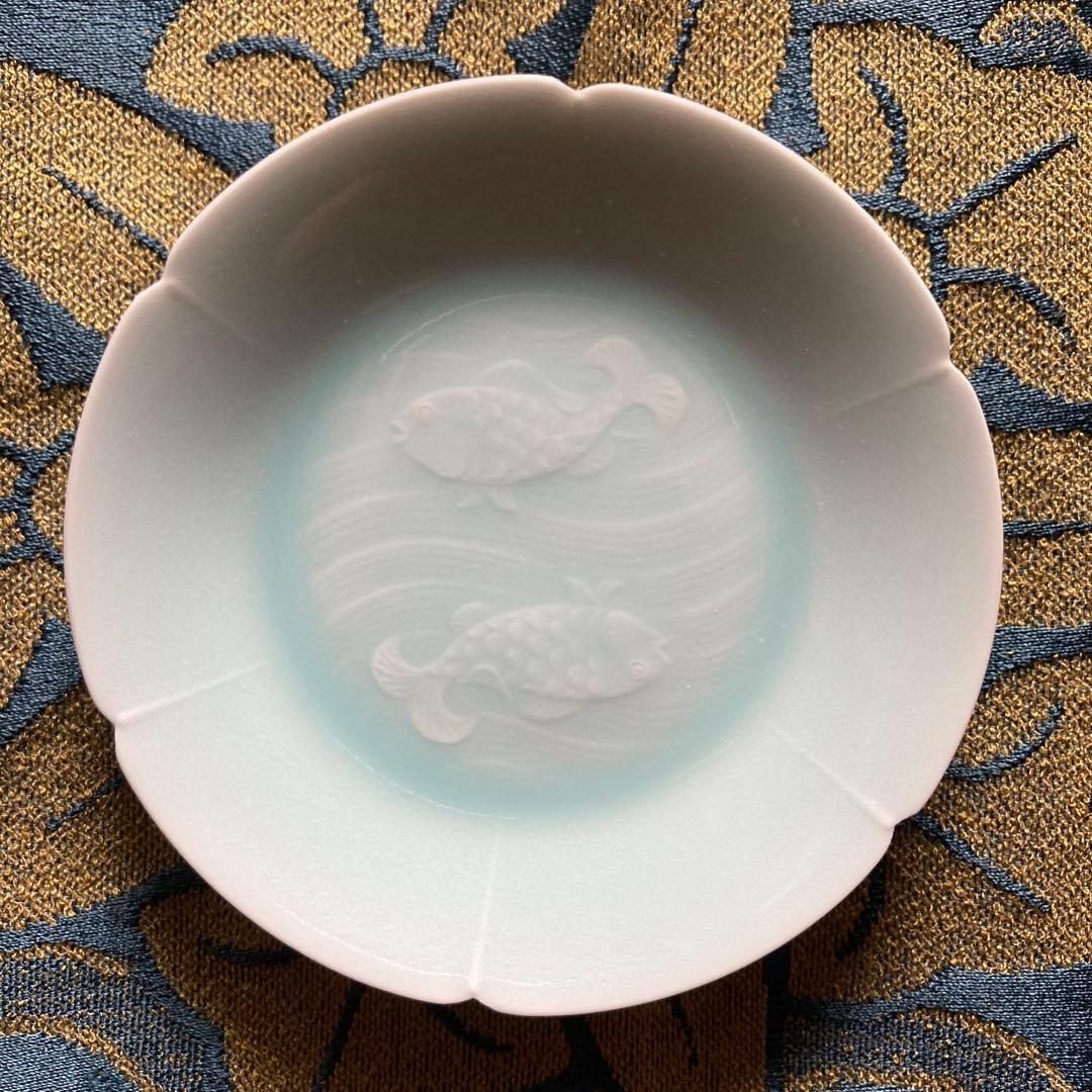 人間国宝重要無形文化財　塚本快示　青白磁銘々皿5客　快山窯　13.3×2.2CM