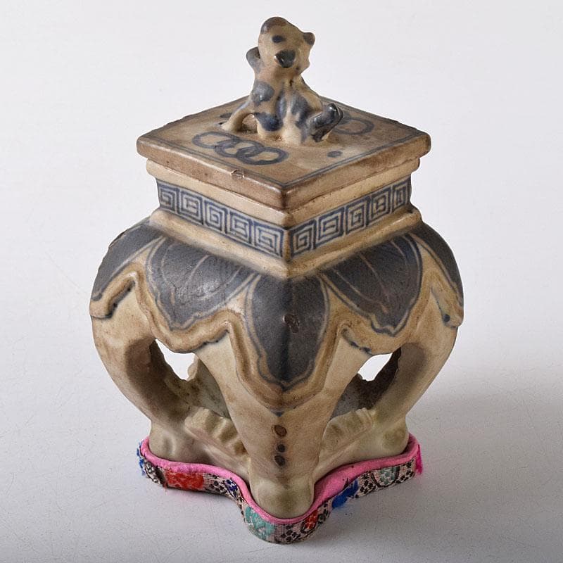 中国　青花　雷文　犬摘　四方香炉　時代箱付　M　R8380