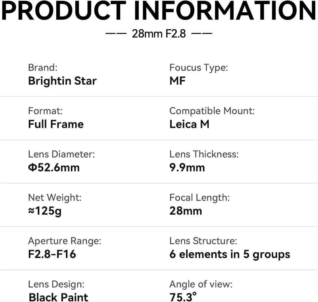 新品 Brightin Star 28mm F2.8 ライカMマウント レンズ
